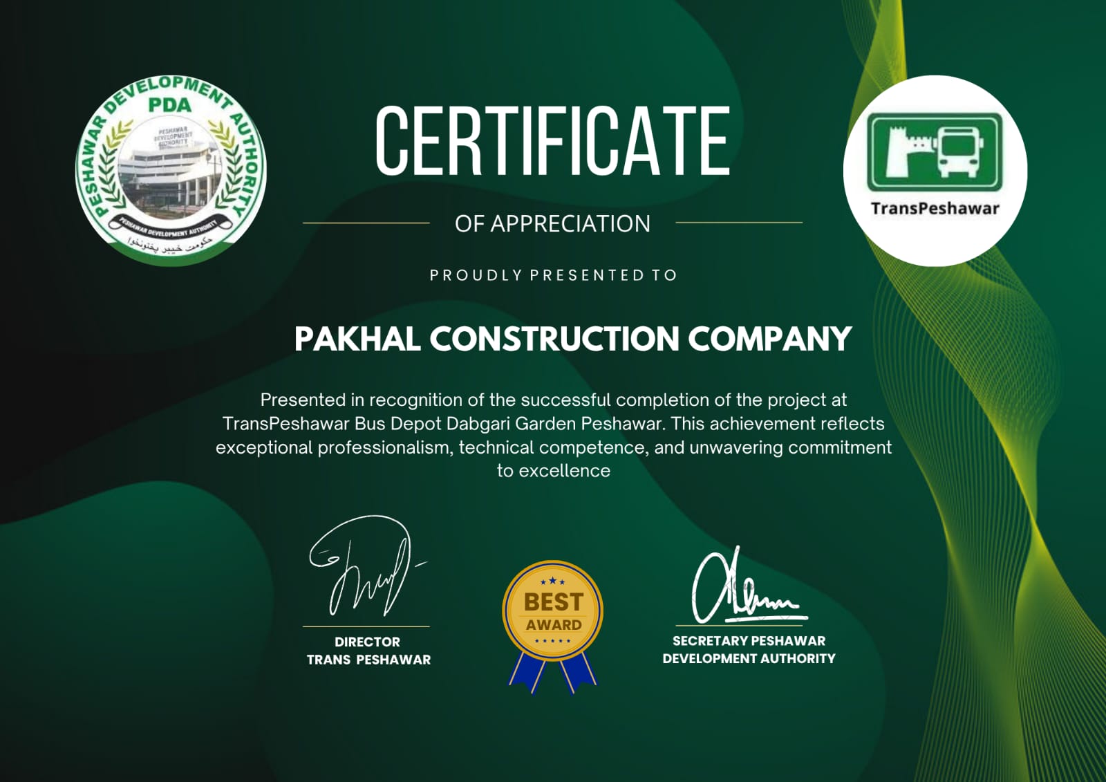 Pakhal Construction Company Certificate